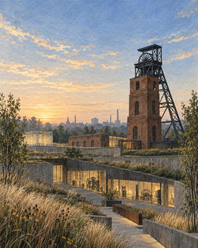 Ilustracja: Wieża przemysłowa, szkło i zieleń spotykają się w malarskiej kompozycji.