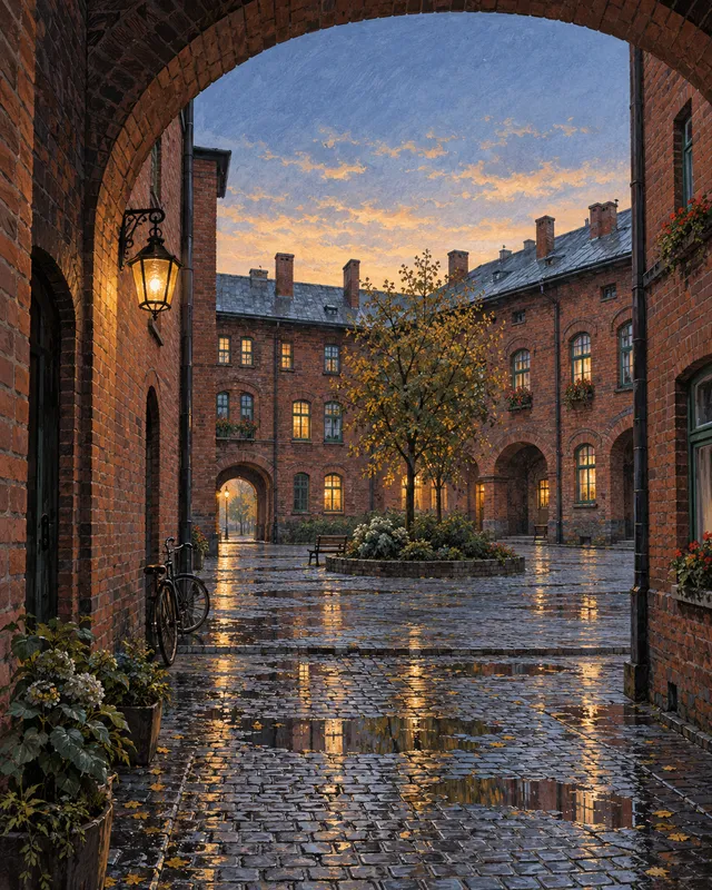 Illustration: Ein Backsteinbogen lenkt den Blick in einen ruhigen Innenhof.