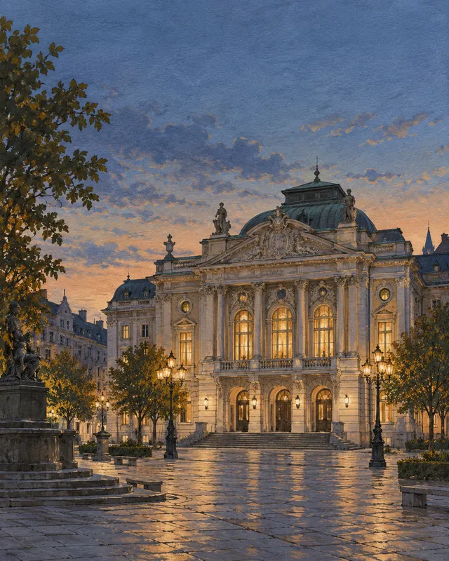 Illustration: An ornate façade in warm light suggests an evening at the theatre.