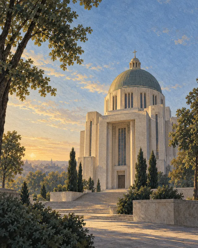 Illustration: Pale stone and a monumental dome create a contemplative mood.