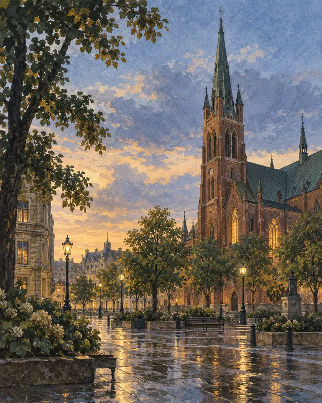 Illustration: A slender tower and pointed arches lead the eye skyward.