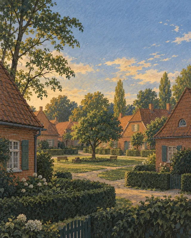 Illustration: Low houses, pitched roofs and abundant greenery evoke a garden settlement.