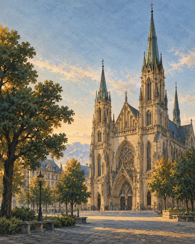 Ilustracja: Dwie wieże, rozeta i kamienny portal tworzą wyobrażoną świątynię.