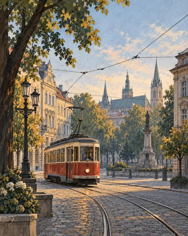 Ilustracja: Tramwaj przecina ulicę między kamienicami w łagodnym porannym świetle.