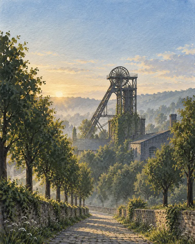 Ilustracja: Górnicza wieża wyrasta ponad ceglane zabudowania i roślinność.