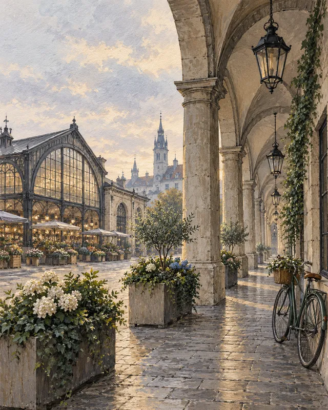 Illustration: Stone arches lead towards a glass-roofed hall and a light-filled square.