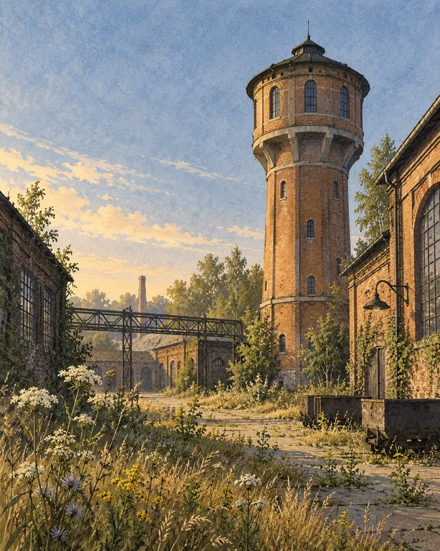 Ilustracja: Ceglana wieża góruje nad zielenią i dawną zabudową przemysłową.