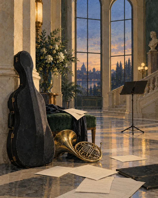 Ilustracja: Instrument, nuty i wielkie okno tworzą spokojną scenę oczekiwania.