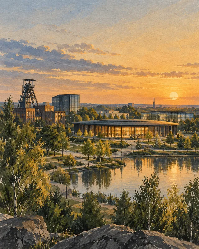Ilustracja: Przemysłowa wieża, szklane bryły i woda spotykają się w złotym świetle.