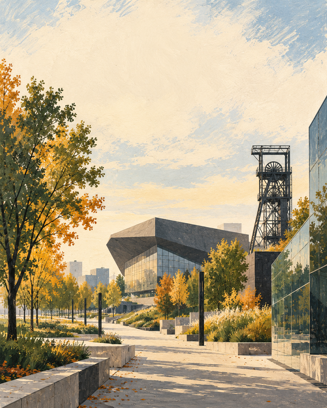 Interpretazione artistica della città con vegetazione, una torre industriale e forme contemporanee; illustrazione.